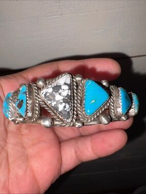 Silver 925 Cuff Bracelet with Turquoise and White Buffalo Accents